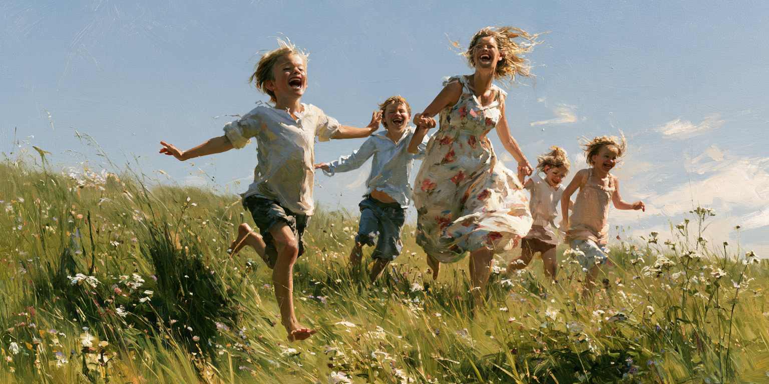mother runs and plays with her children in a sunny field, illustrating the joy, vitality, and fulfillment of family life in a modern setting.