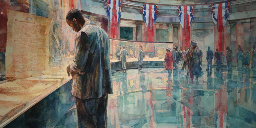 Contemporary visitors at the National Archives gather near a historic document and anniversary banner, reflecting america 250, declaration remembrance.