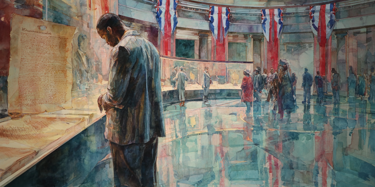 Contemporary visitors at the National Archives gather near a historic document and anniversary banner, reflecting america 250, declaration remembrance.