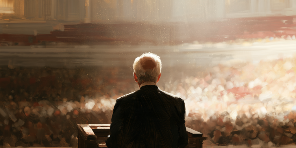 The back of an elderly speaker’s balding head faces a bright, softly blurred conference audience, evoking age, experience, and general conference old wisdom in a painterly setting.