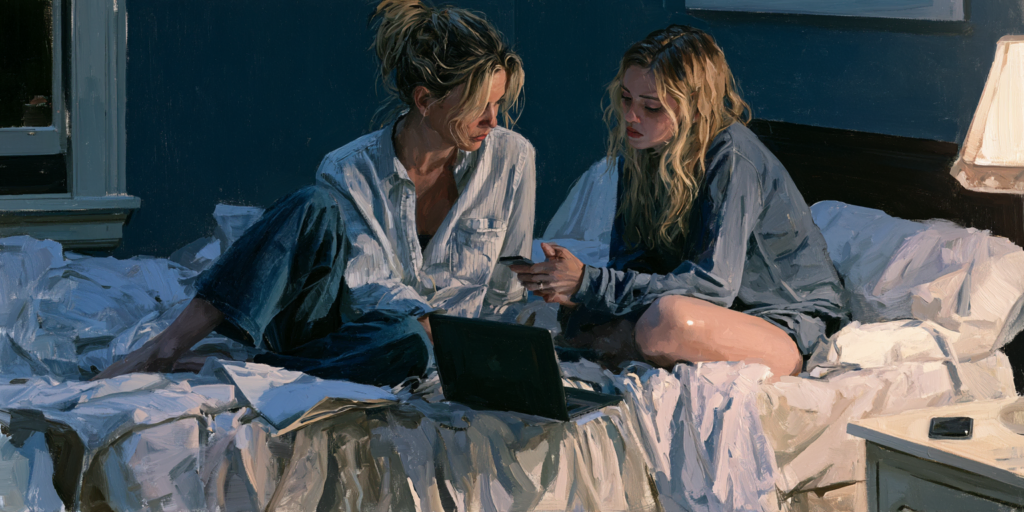 A mother and daughter share a quiet moment beside put-away devices while navigating youth screen time.