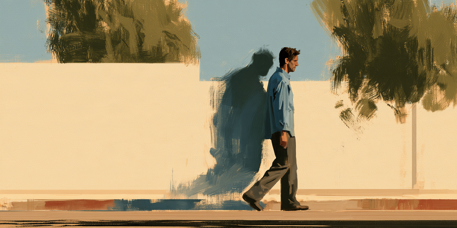A man walks along a neighborhood sidewalk as a demonic figure follows closely behind his shoulder.