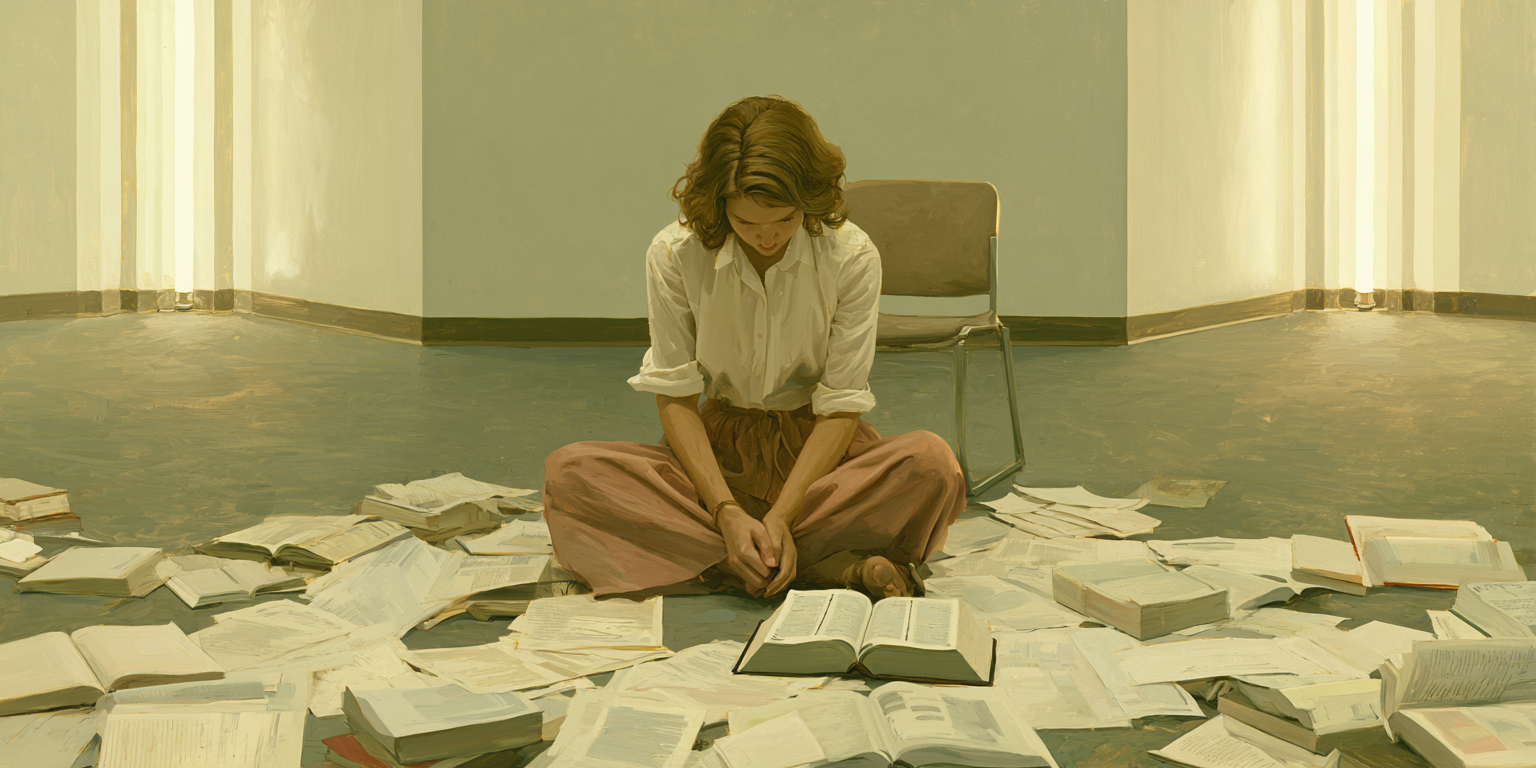 A modern Latter-day Saint woman studies difficult religious questions in a church classroom, illustrating a belief crisis, faith crisis, and gospel study. Keywords: belief crisis, faith crisis, Latter-day Saint, gospel study, Church history questions.