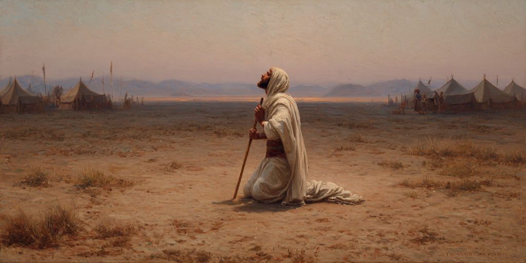 Abraham prays alone in the wilderness, visually portraying God’s staggering faithfulness in the Abrahamic covenant.