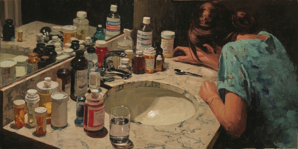 A woman leans over a crowded bathroom sink, illustrating the burden and secrecy of addiction.