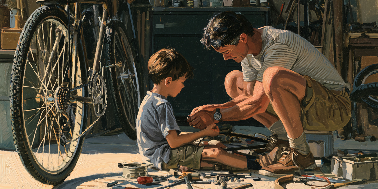 A father teaches his son to repair a bicycle, representing the quiet goodness and influence of ordinary men.