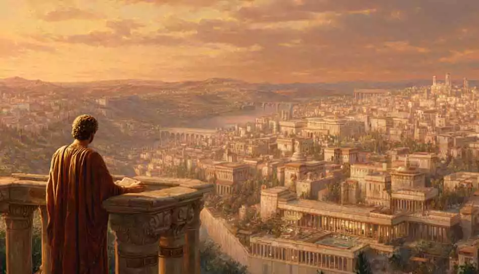 An image of King David on the rooftop of his palace overlooking ancient Jerusalem, gazing upon Bathsheba bathing below.