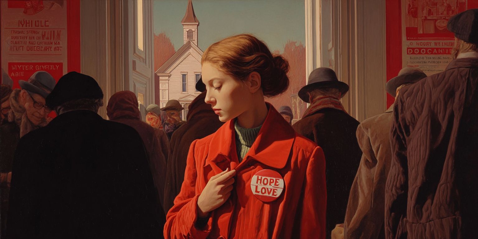 A woman prepares for a political gathering with a “Hope & Love” pin, showing how she has recast sacred ideals as partisan identity.