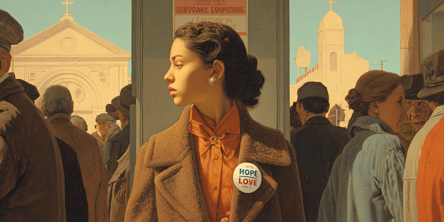 A woman prepares for a political gathering with a “Hope & Love” pin, showing how she has recast sacred ideals as partisan identity.