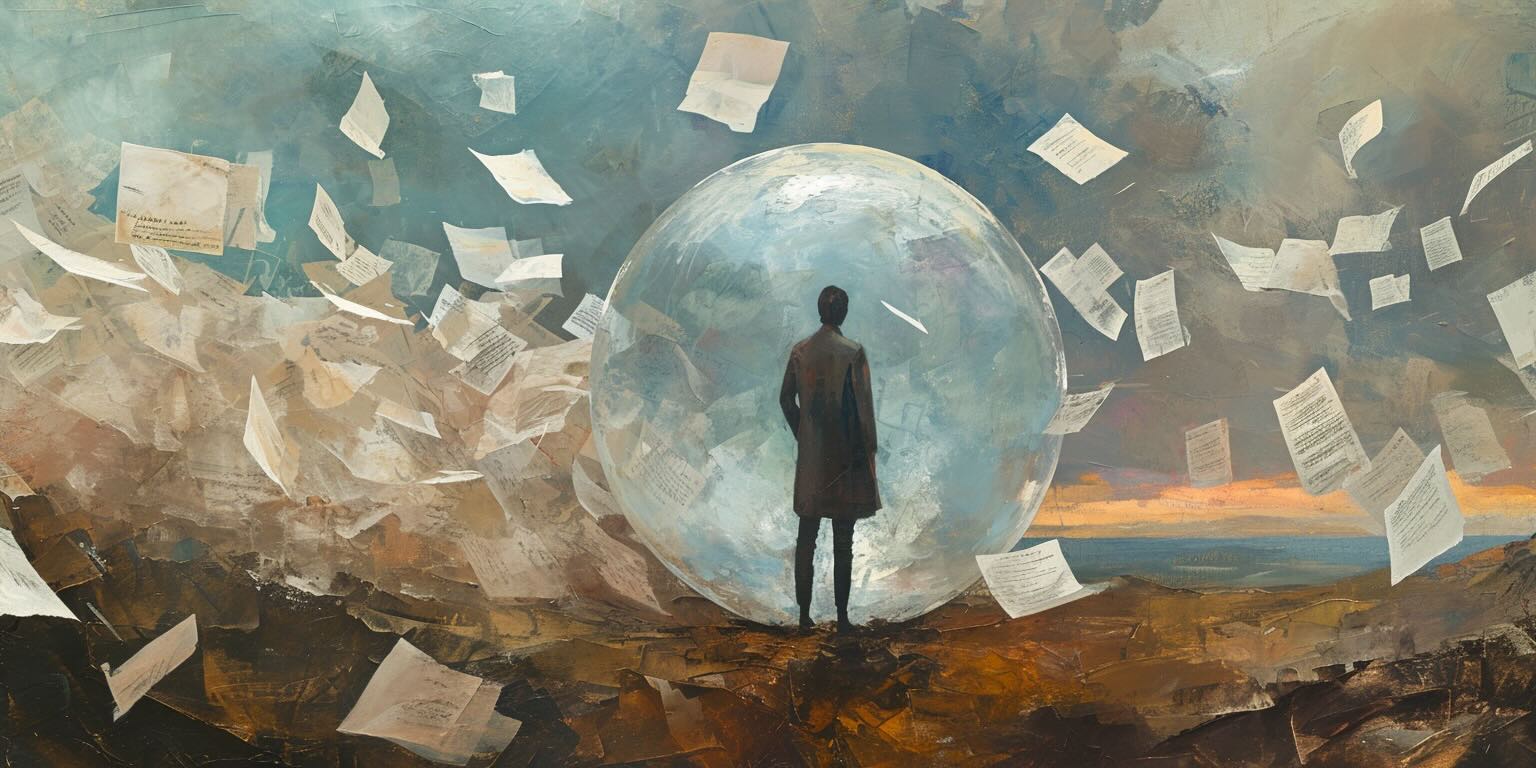 Painting of Man in a Bubble with Paper Falling Around Him | Guardian Angel Theories: A Heavenly Haven for Hasty Thinking | Public Square Magazine | Angel Theory