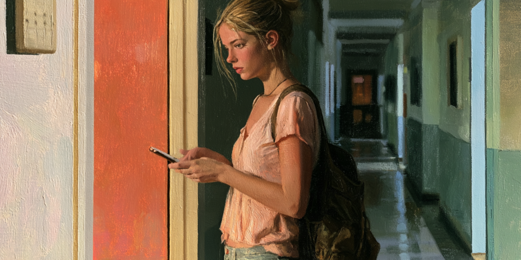 A college student pauses outside a dorm-room door, illustrating the human stakes of preventing sexual violence.