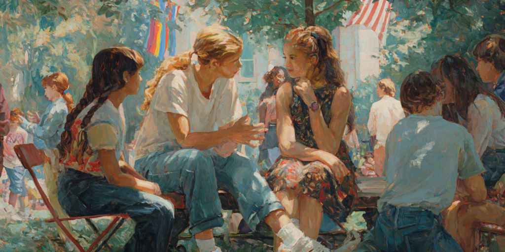 A small group listens to a friend speak in a park as a Pride Month celebration takes place int he background.