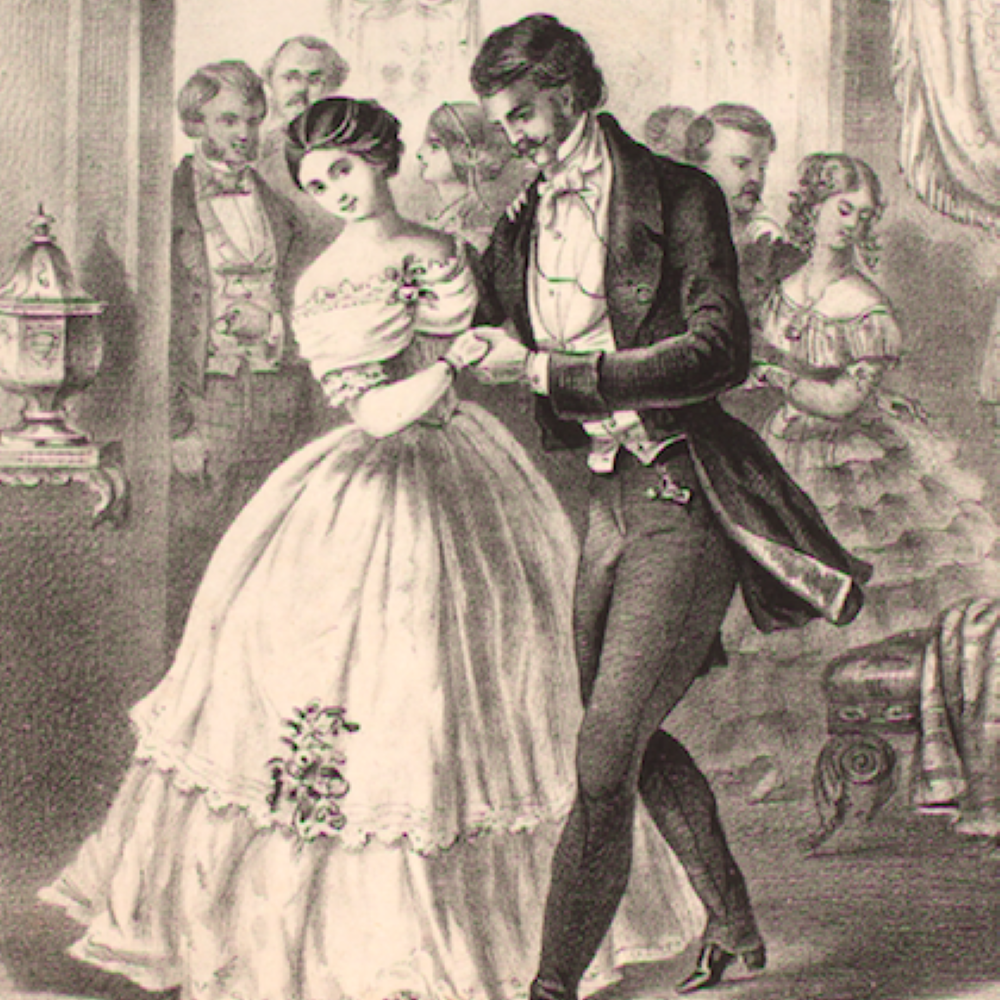 Elegantly dressed couple partaking in traditional courtship through a classic ballroom dance.