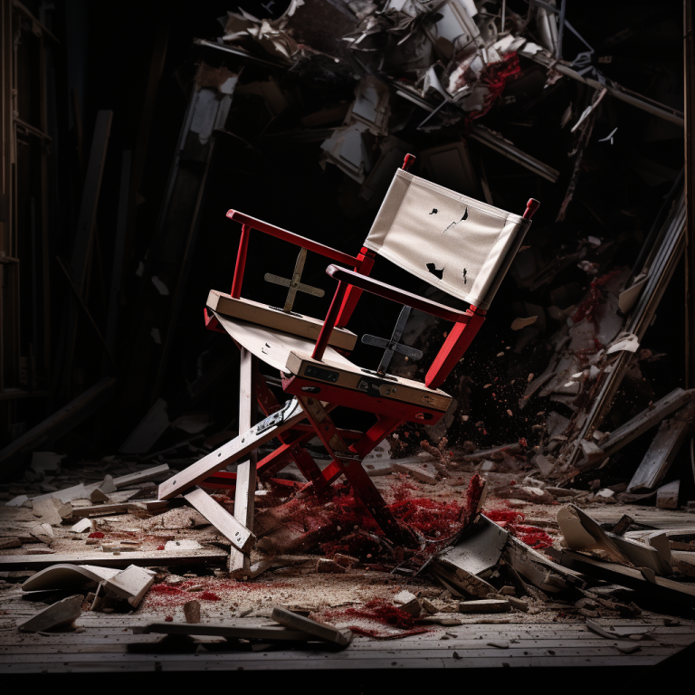 A director’s chair broken in rubble representing the Sound of Freedom Controversy