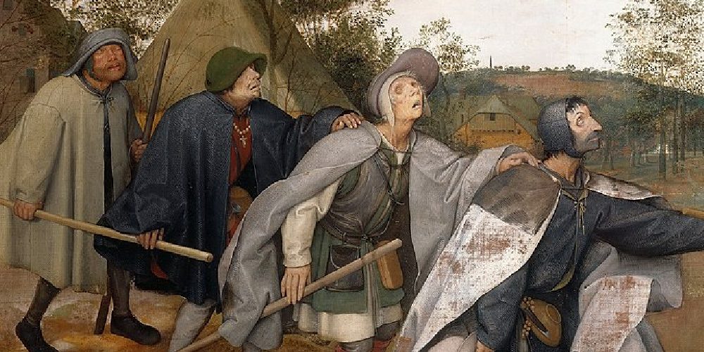 Bruegel's painting of blind men stumbling showcases the dangers of the slippery slope fallacy in misguided leadership.