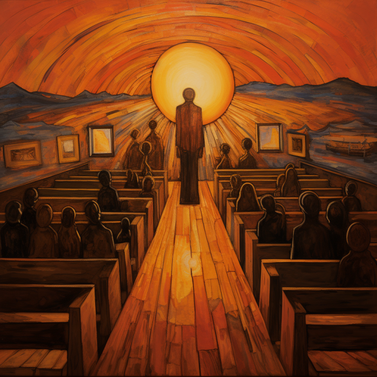 Expressionist portrayal of a chapel with few people echoing the way forward for Latter-day Saint membership