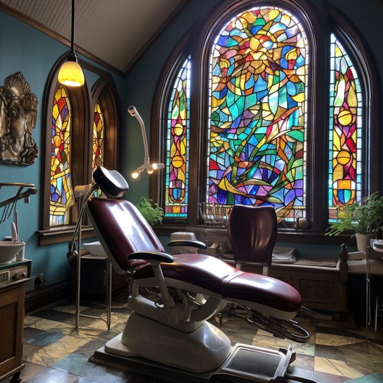 Dental chair with stained-glass window reflects the intersection of health and spirituality in the 