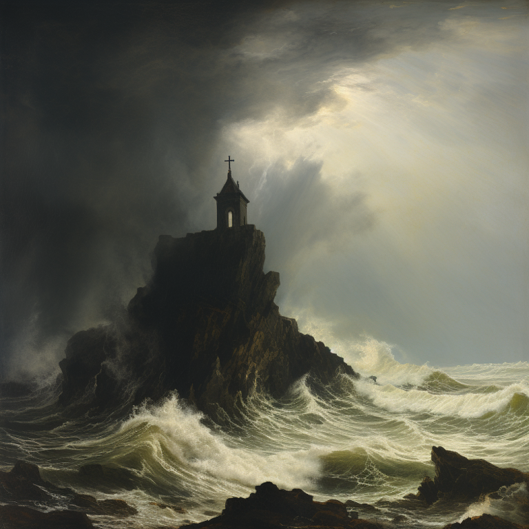 A dramatic seascape with a vulnerable chapel facing nature's fury, depicting the themes of the seeker-sensitive church in a tumultuous world.