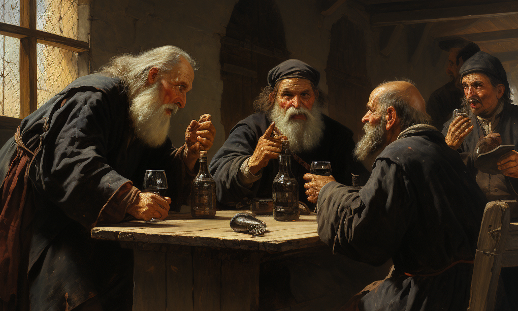 Medieval scholars discussing the Pints With Aquinas Controversy in a tavern.
