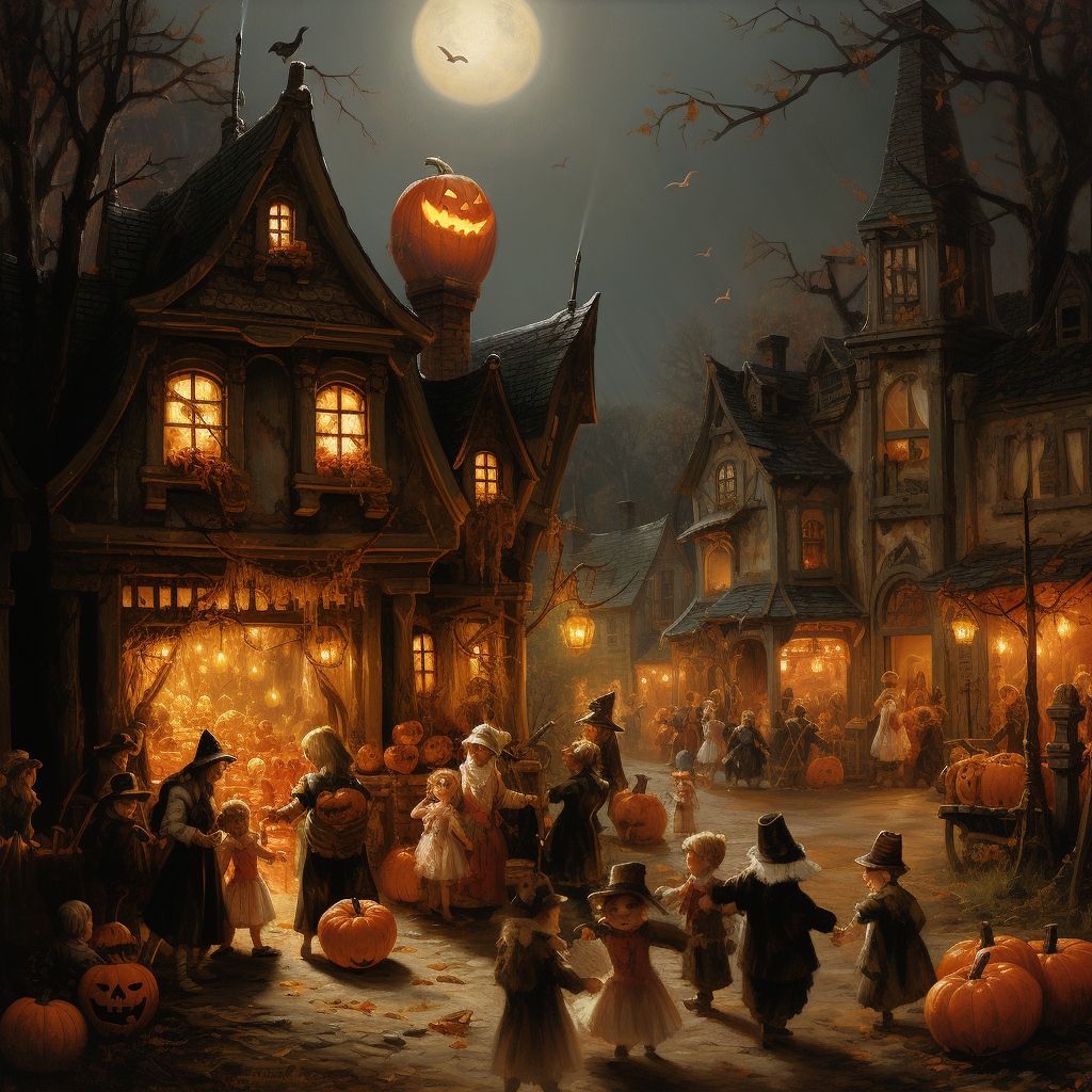 A bustling neighborhood scene capturing the essence of Latter-day Saint Halloween traditions.