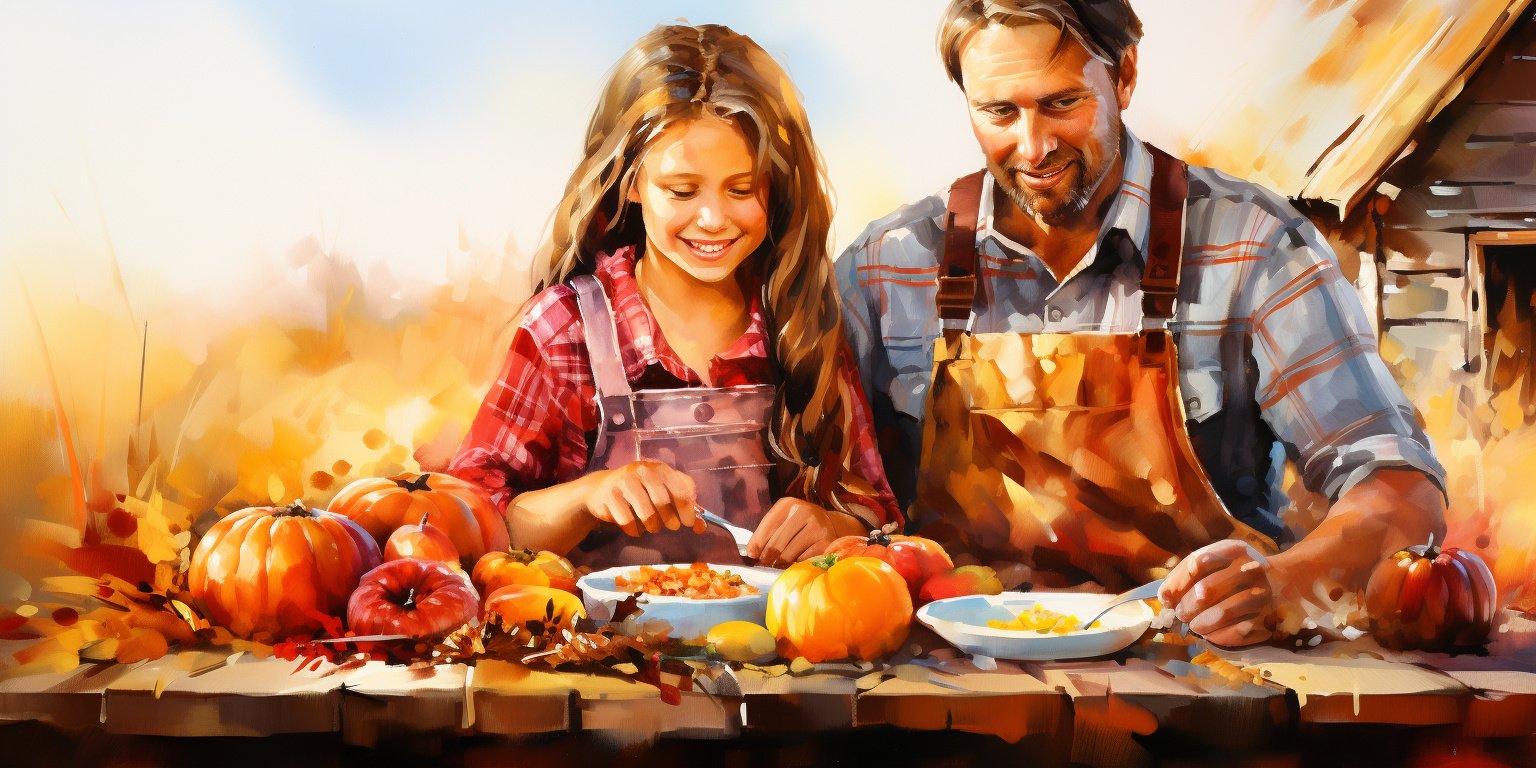 A father and daughter prepare an autumn dinner, showcasing the spiritual benefits of gratitude in family bonds.