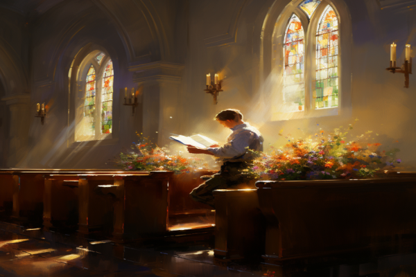 A man reads from an open book still being illuminated by the heavens representing the belief in an open canon