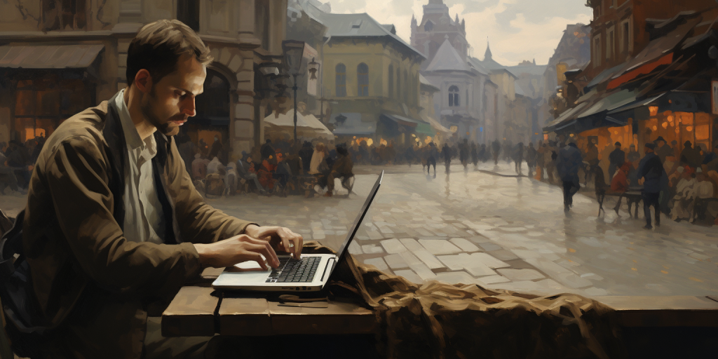 A journalist writes in a public square