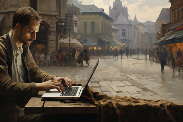 A journalist writes in a public square