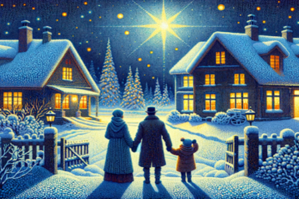 Family of Three Looking at Snowy Christmas Scenery | The Original True Meaning of Christmas | Public Square Magazine | What is the True Meaning of Christmas?