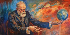 An illustration of Sigmund Freud controlling contemporary children