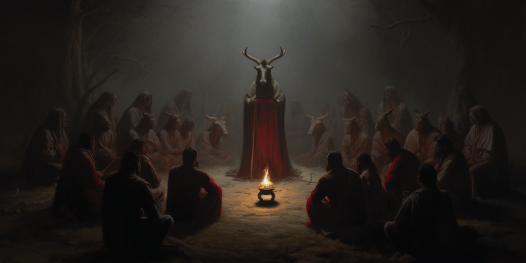 Group Surrounding Horned Animal in Red Cloak | Follow the Prophet Out of Your Cult | What is a Political Cult | Political Cults Examples | Public Square Magazine