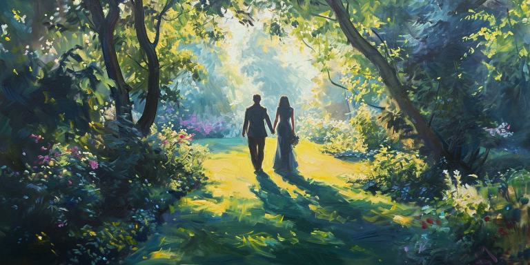 A couple in a garden with a divine presence symbolizing the serene impact of God-based marriage.