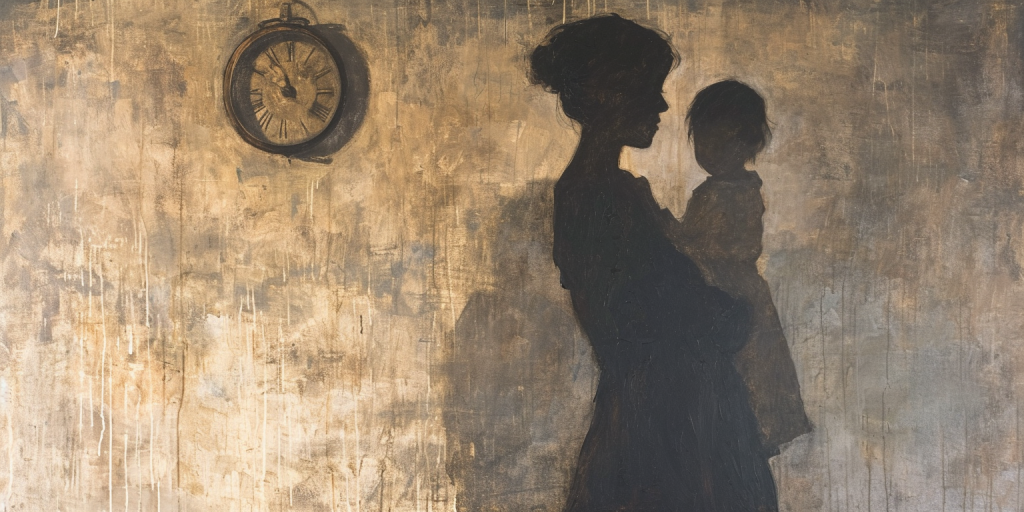 A serene mother with her child, overshadowed by time, representing a mother's near-death experience.