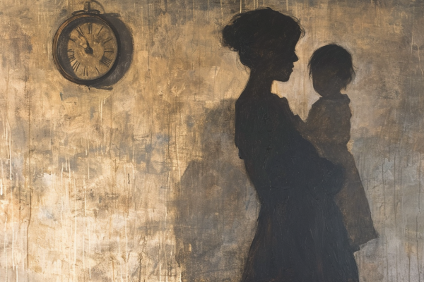 Motherhood, Mortality, and the Myth of Control A serene mother with her child, overshadowed by time, representing a mother's near-death experience.