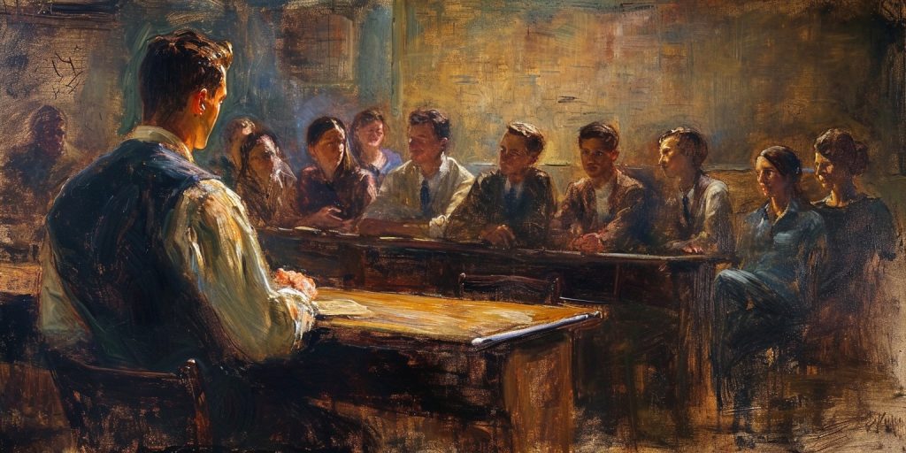 A professor practicing servant leadership in education by attentively listening to students.