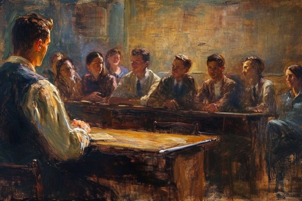 A professor practicing servant leadership in education by attentively listening to students.