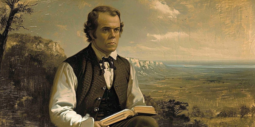 Parley P. Pratt studies the theology of truth and love in front of an American backdrop