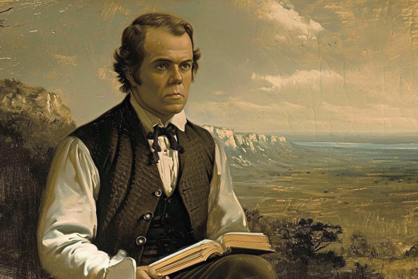 Parley P. Pratt studies the theology of truth and love in front of an American backdrop