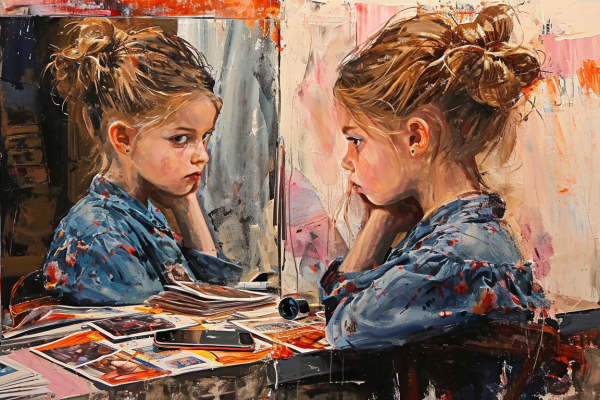 Watercolor of Child Looking at Her Reflection | Are Our Children Being Sexualized? The Evidence | Public Square Magazine | Sexualization of Children in Media | Sexualizing Children & Kids