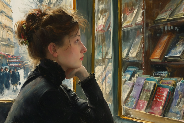 Contemplative Woman Observes a Bookstore Window, Highlighting the Erotic Literature Impact | How “Sex Positivity” Harms Women | Influence of Erotic Literature by Women | Public Square Magazine