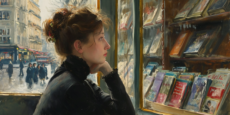 Contemplative Woman Observes a Bookstore Window, Highlighting the Erotic Literature Impact | How “Sex Positivity” Harms Women | Influence of Erotic Literature by Women | Public Square Magazine