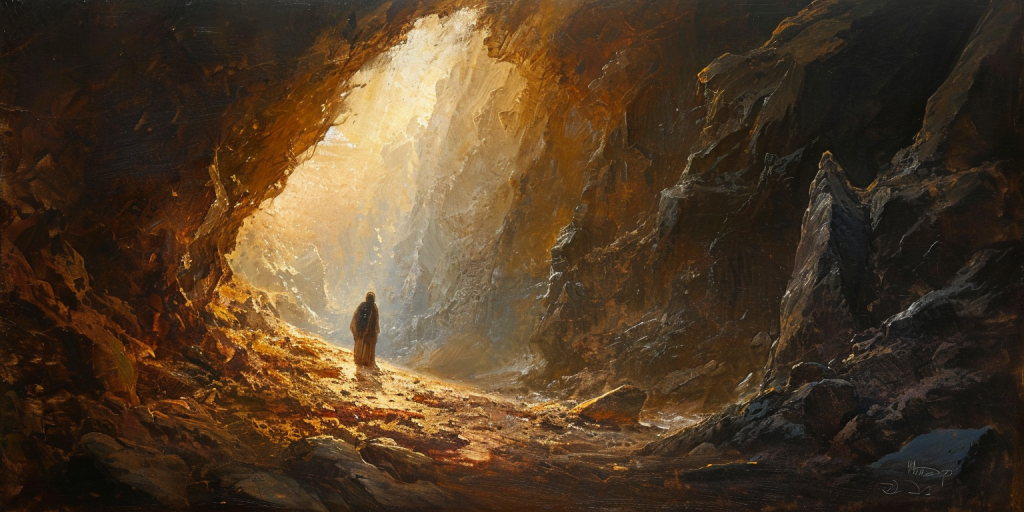 A figure steps from shadow to sunlight, symbolizing the transition from trauma to post-traumatic growth.