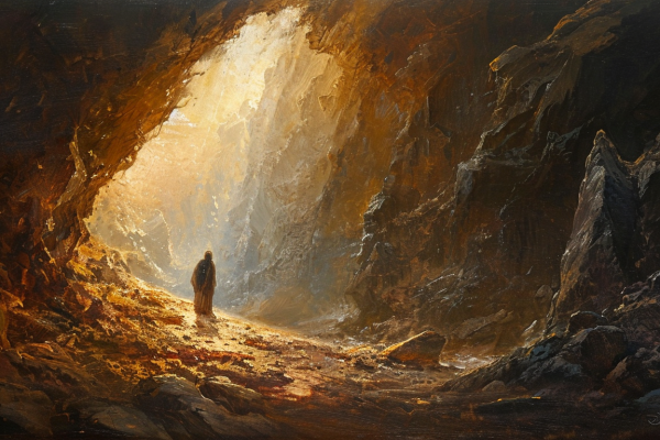 A figure steps from shadow to sunlight, symbolizing the transition from trauma to post-traumatic growth.