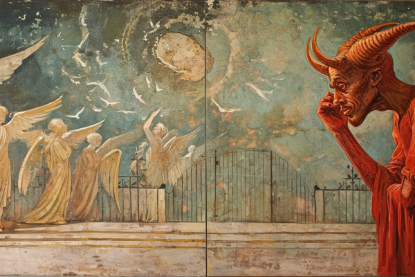 Art of Devil Looking At Group Of Angels | How Culture Is Changing Our Ideas About The Afterlife | Public Square Magazine | What is the Mormon Belief of The Afterlife