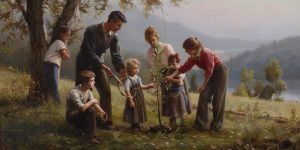 A family plants a tree, embodying the nurturing of faith and fidelity for Fidelity Month | Public Square Magazine | Fidelity Month | June | Professor Robert P George