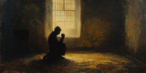 Painting of Man Praying on His Knees in the Dark | The Natural Man Is an Enemy to God | Public Square Magazine | Who is the Enemy of God | The Natural Man