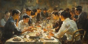 Painting of Diverse individuals sharing a meal, symbolizing the community and dialogue central to Public Square Magazine | Public Square Magazine