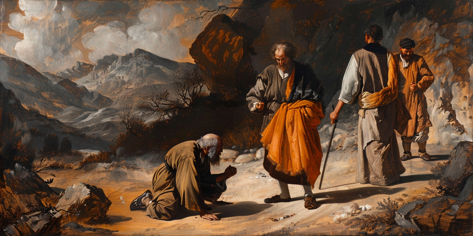 The Good Samaritan aids an injured traveler in its original biblical setting, reflecting on the timeless message of compassion and the theme of Christians and Immigration.