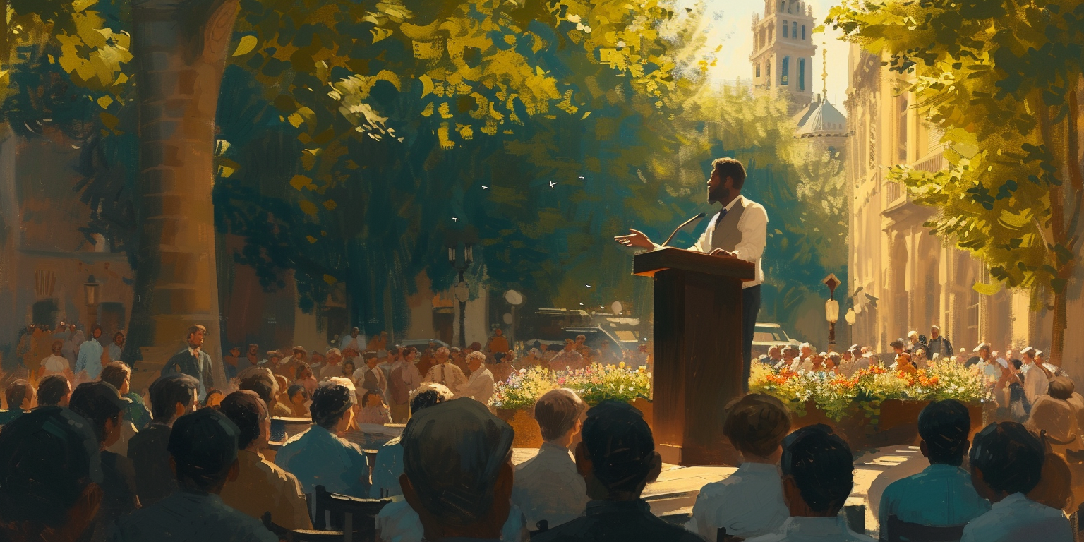 An orator addresses a captivated audience, illustrating the power of dialogue in the Culture War.