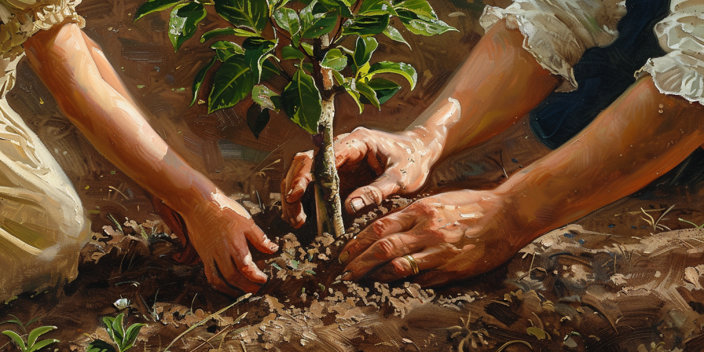 A parent and child bond over planting a tree, encapsulating quotes on gratitude for family.